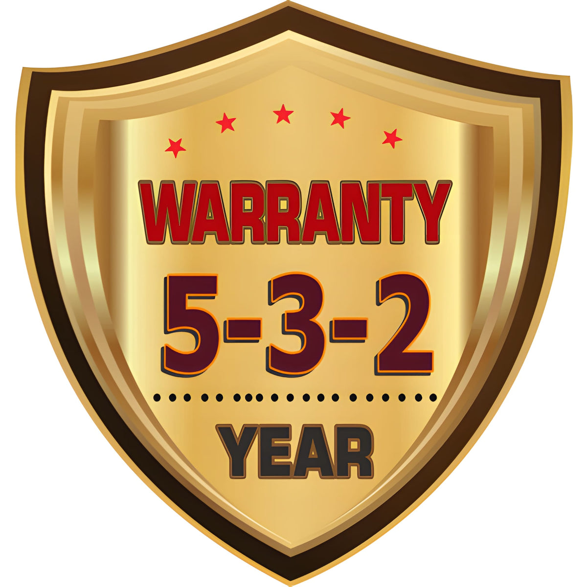 AMGO 5-3-2 warranty badge: 5 years structural, 3 years hydraulic, 2 years electrical