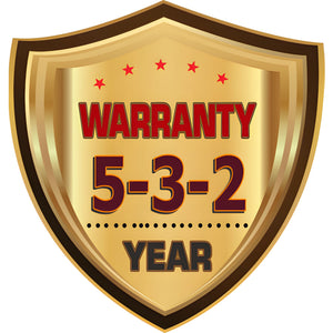 AMGO 5-3-2 warranty badge: 5 years structural, 3 years hydraulic, 2 years electrical