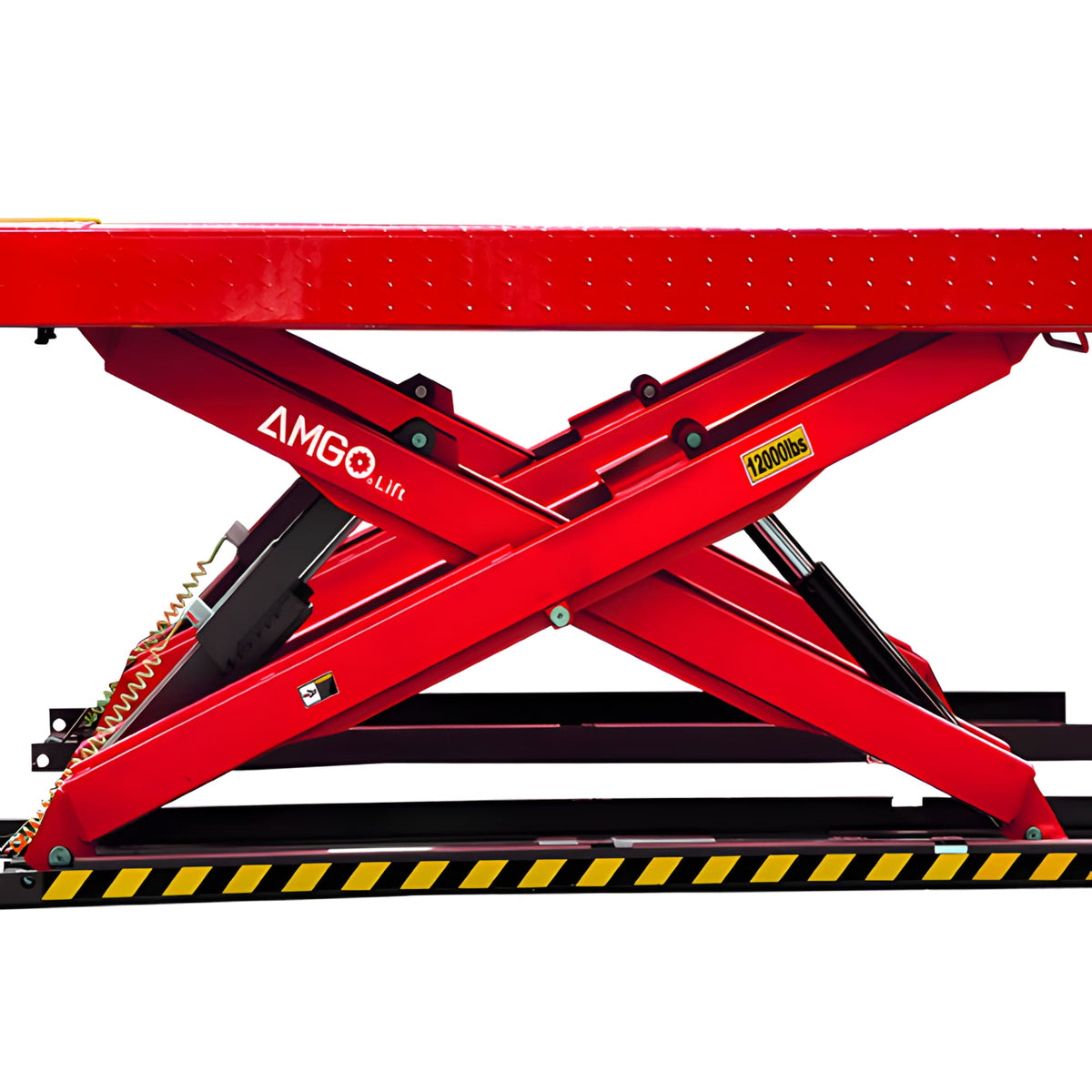 AMGO AX-12 heavy-duty X-scissor structure with large-section steel tubes rated for 12,000 lb capacity