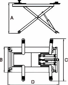 AMGO MR06 dimensions diagram with measurements labeled A through D for maximum lifting height, platform width, swing width, and overall length