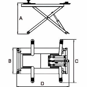 AMGO MR06 dimensions diagram with measurements labeled A through D for maximum lifting height, platform width, swing width, and overall length
