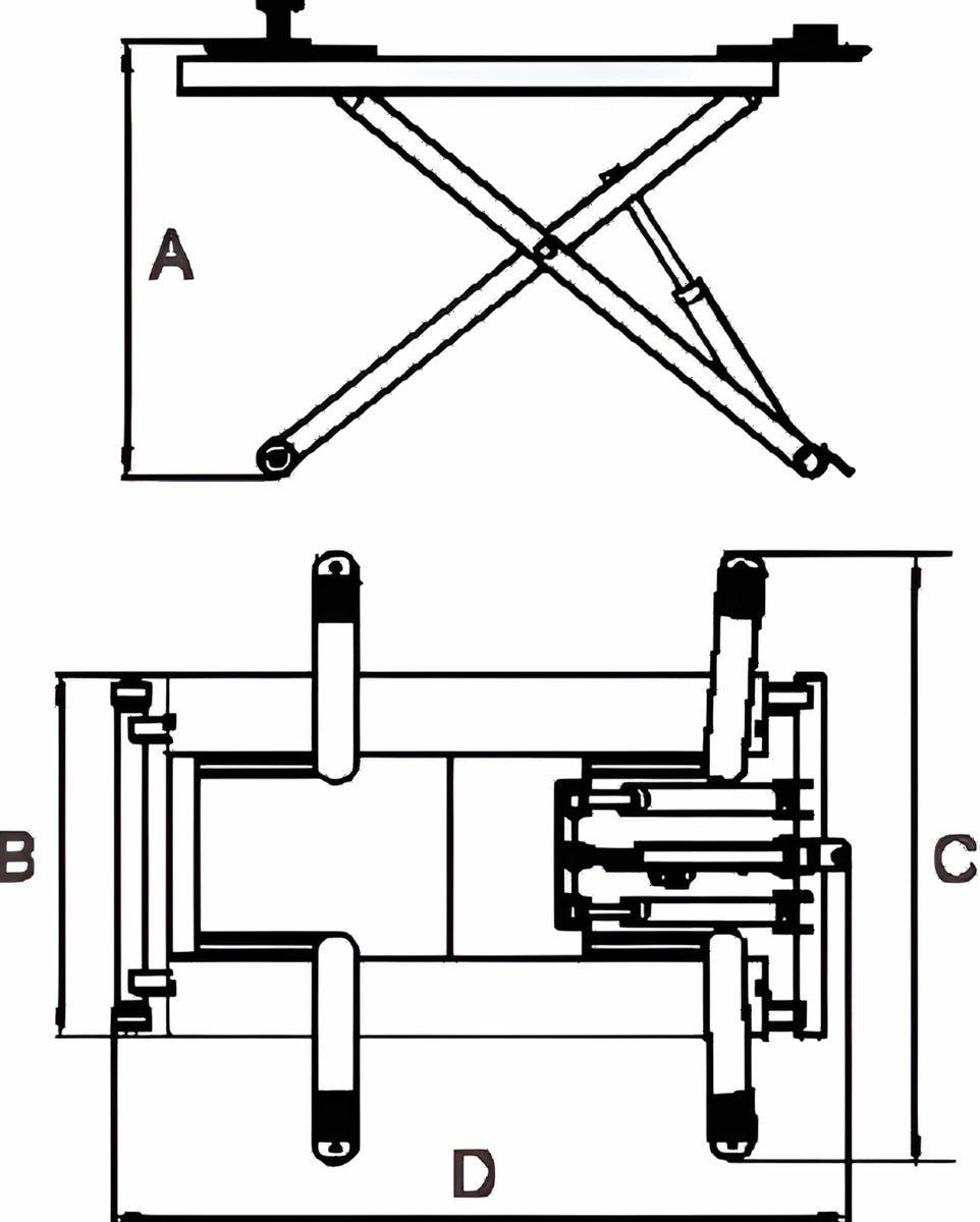 AMGO MR06 dimensions diagram with measurements labeled A through D for maximum lifting height, platform width, swing width, and overall length