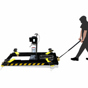 Operator pulling the AMGO MR06 portable scissor lift on its integrated telescoping dolly handle