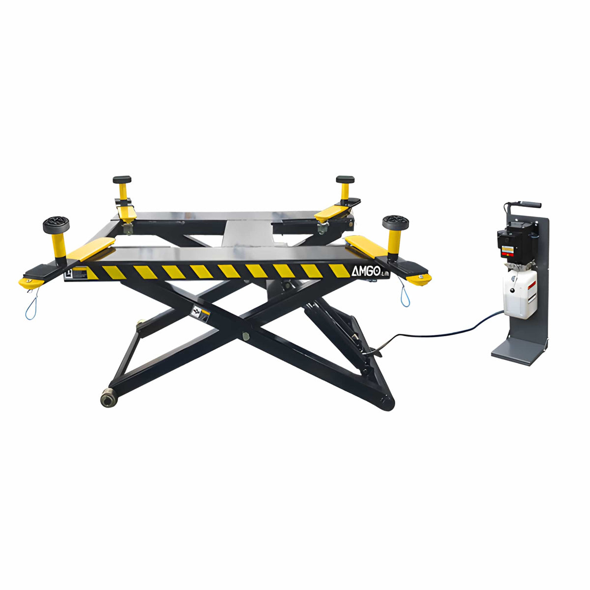 AMGO MR06 mid-rise scissor lift raised with arms folded inward, side view showing compact storage footprint