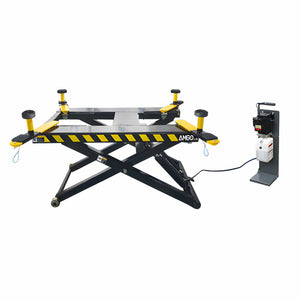 AMGO MR06 mid-rise scissor lift raised with arms folded inward, side view showing compact storage footprint