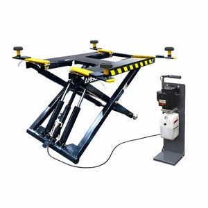 AMGO MR06 6,000-lb mid-rise portable scissor lift in raised position with arms extended, shown beside detachable 110V power unit on stand