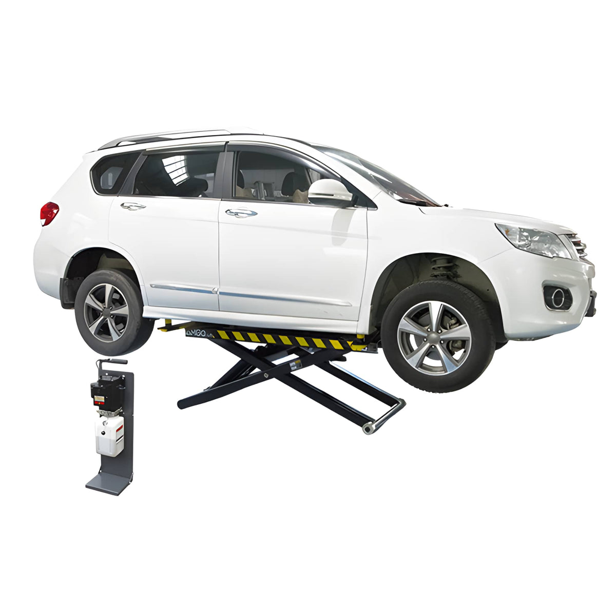 White SUV lifted on the AMGO MR06 6,000-lb mid-rise portable scissor lift in a service bay