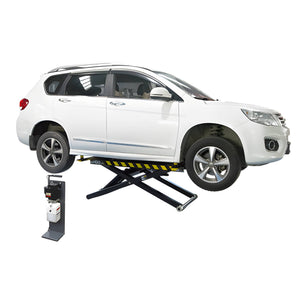 White SUV lifted on the AMGO MR06 6,000-lb mid-rise portable scissor lift in a service bay