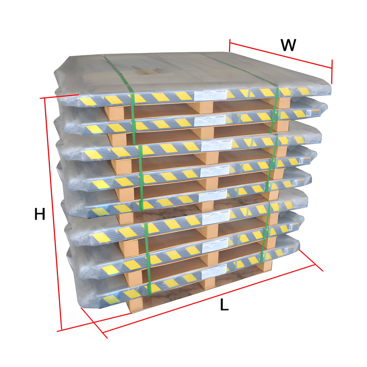Eight AMGO MR06 lifts stacked on a single shipping pallet with combined 74 3/4 by 40 1/8 by 63 inch dimensions labeled