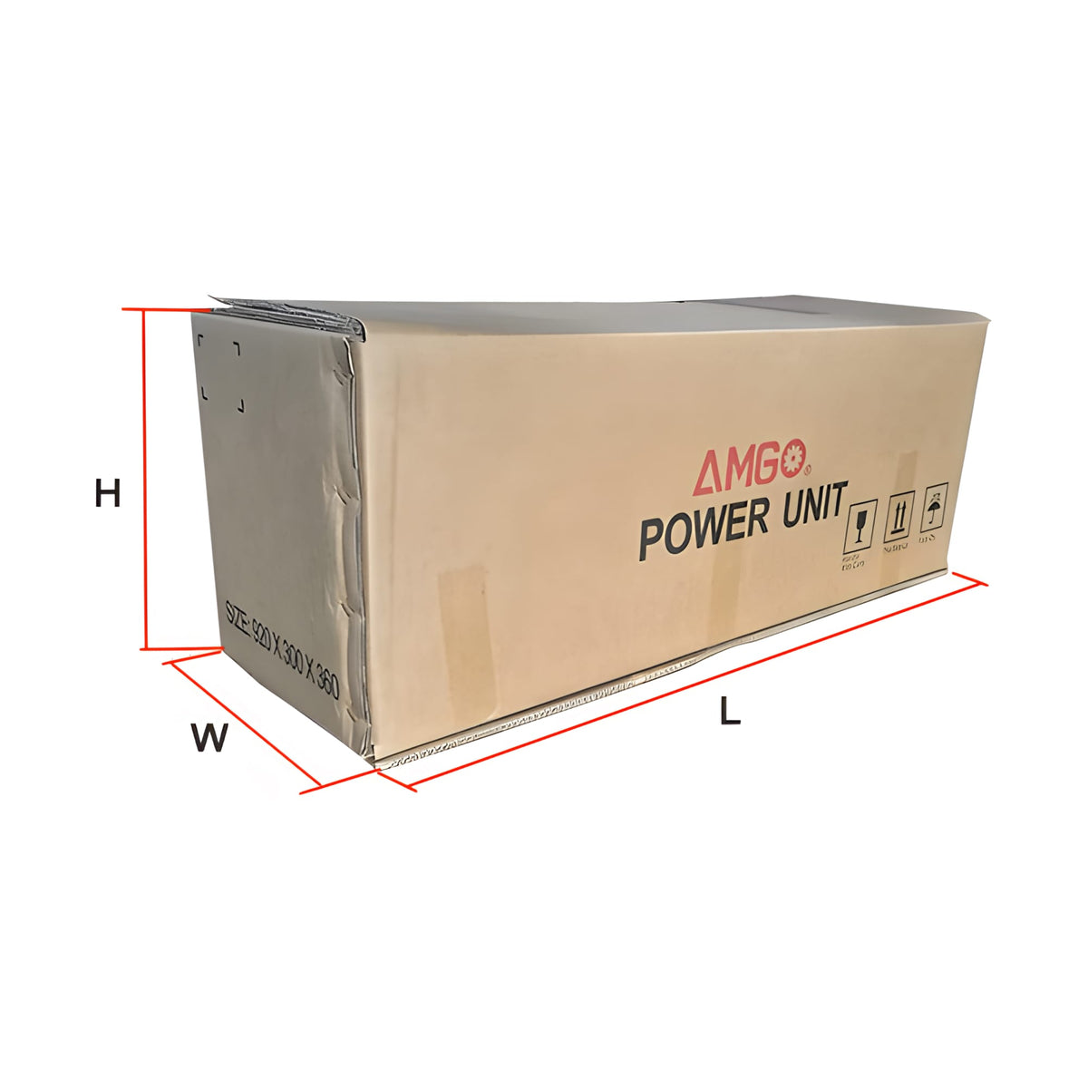 AMGO MR06 power unit shipping box with 27 3/4 by 11 3/4 by 12 5/8 inch dimensions labeled