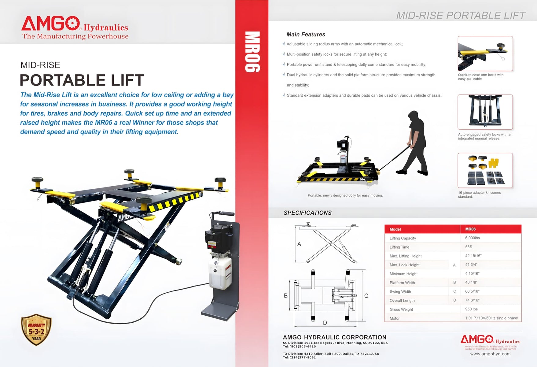 AMGO MR06 product overview brochure showing hero shot, key features, dimensions diagram, and full specification table