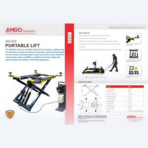 AMGO MR06 product overview brochure showing hero shot, key features, dimensions diagram, and full specification table