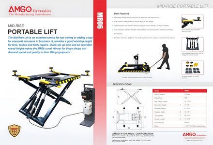 AMGO MR06 product overview brochure showing hero shot, key features, dimensions diagram, and full specification table