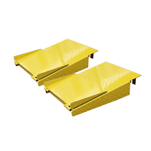 Pair of yellow foldable drive-on ramps with diamond-plate surface