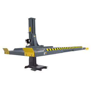 AMGO SPL-7 single-post parking lift with raised platform and yellow drive-on ramps