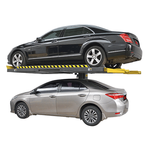 Two sedans stacked on an AMGO SPL-7 parking lift, one raised above the other