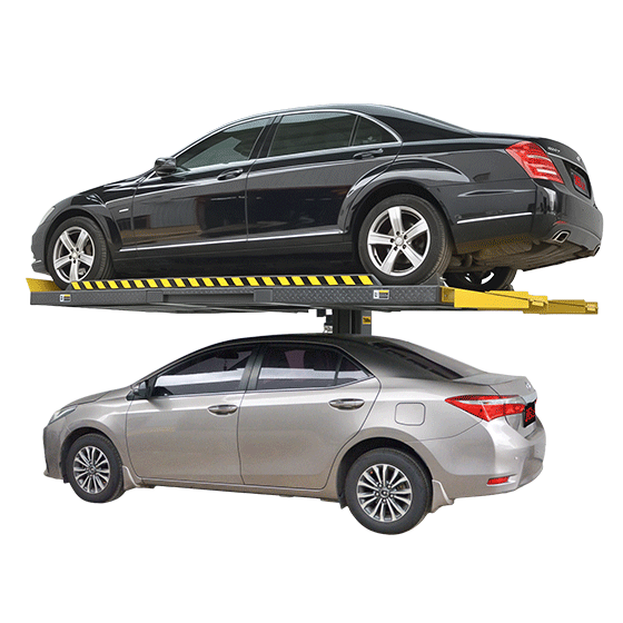 Two sedans stacked on an AMGO SPL-7 parking lift, one raised above the other