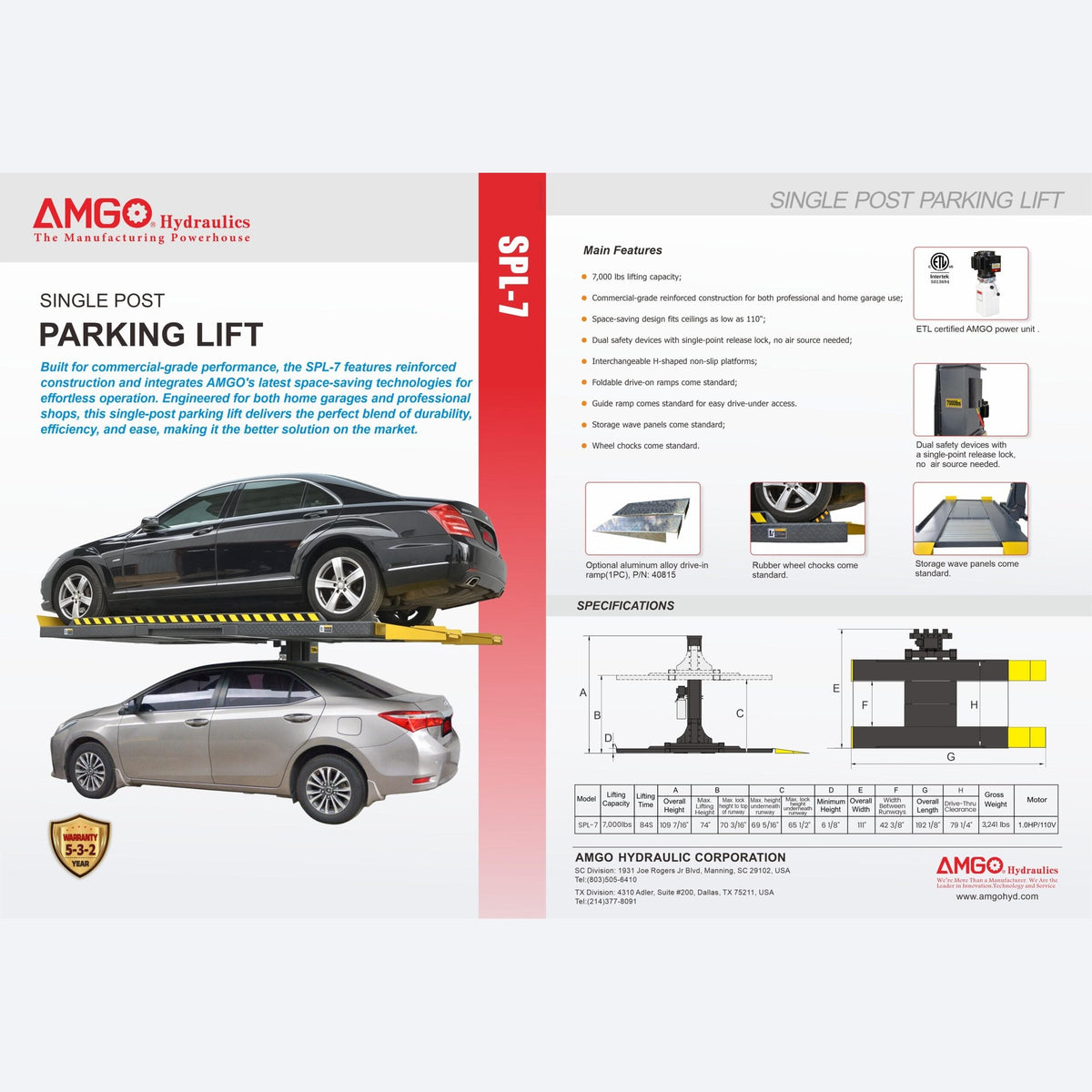 AMGO SPL-7 single-post parking lift spec sheet with features, dimensions, and specifications