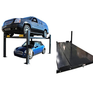 Atlas 408SL 4-post storage lift with SUV on diamond-plated runways and Mini Cooper parked underneath, alongside FP8 floor panel set