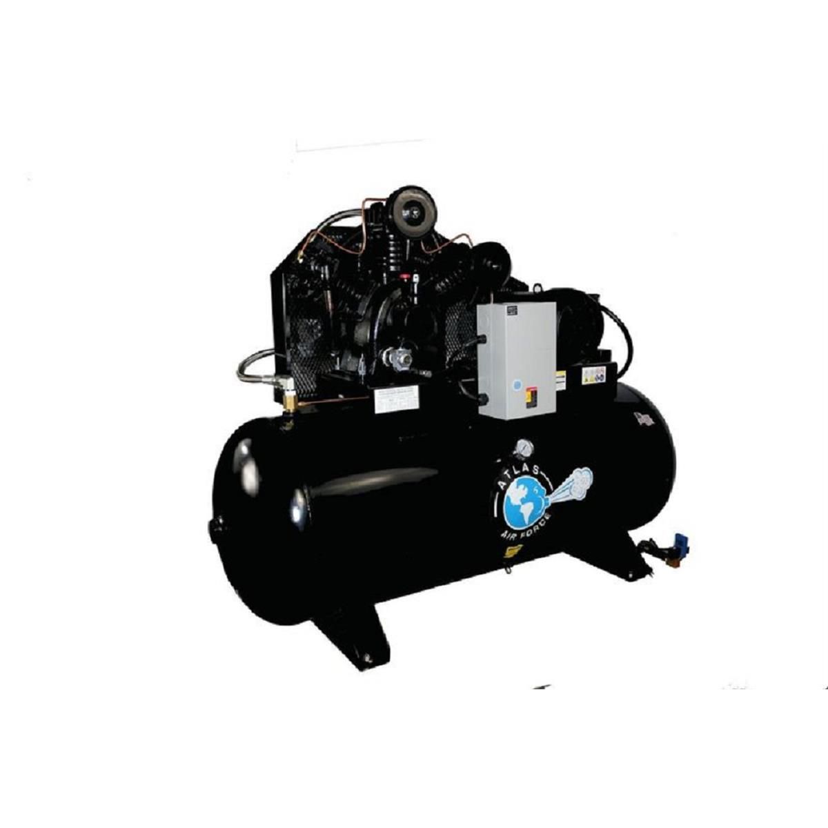 Atlas Air Force AF10 black horizontal-tank air compressor with two-stage cast-iron pump, magnetic starter box, and Air Force tank decal