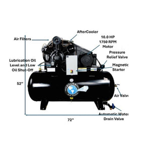 Atlas AF10-1PH callout diagram: 72 inches long, 52 inches tall, with labeled components