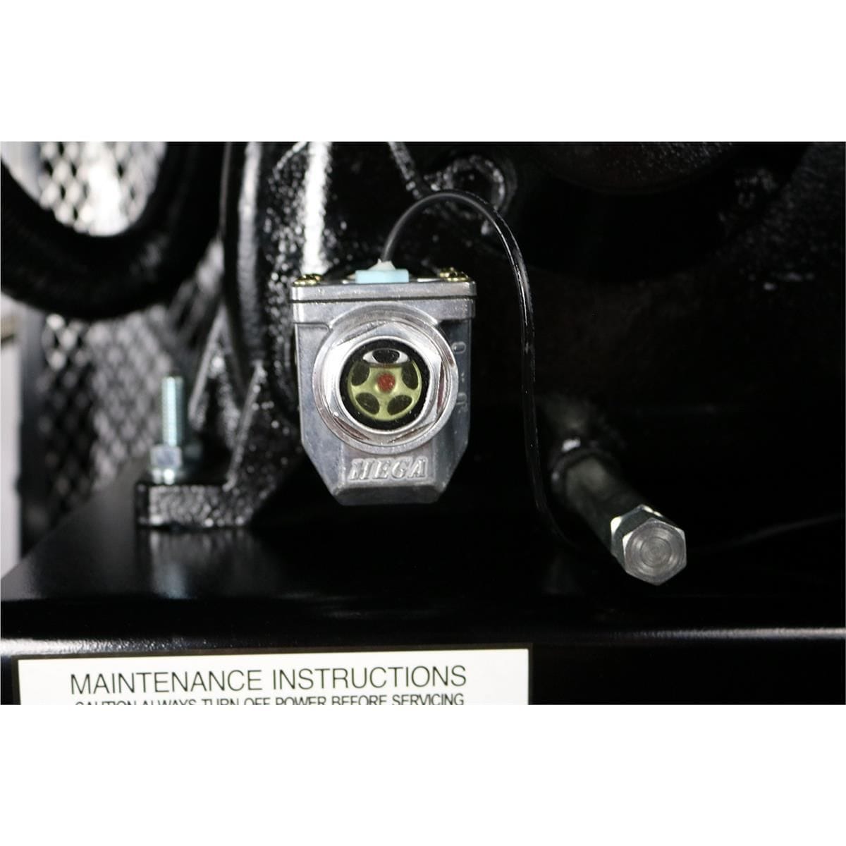 Oil-level sight glass on the Atlas AF10-1PH compressor pump, with a maintenance-instructions label below