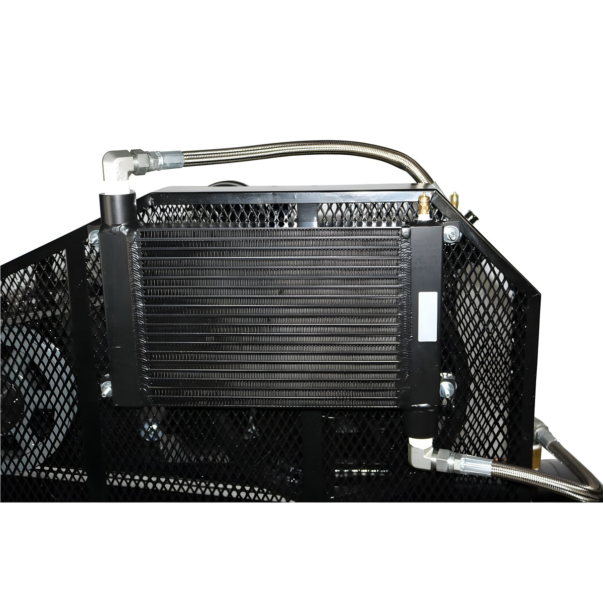 Finned air-cooled aftercooler core with braided air lines behind a mesh guard on the Atlas AF10-1PH