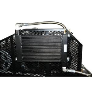 Finned air-cooled aftercooler core with braided air lines behind a mesh guard on the Atlas AF10-1PH