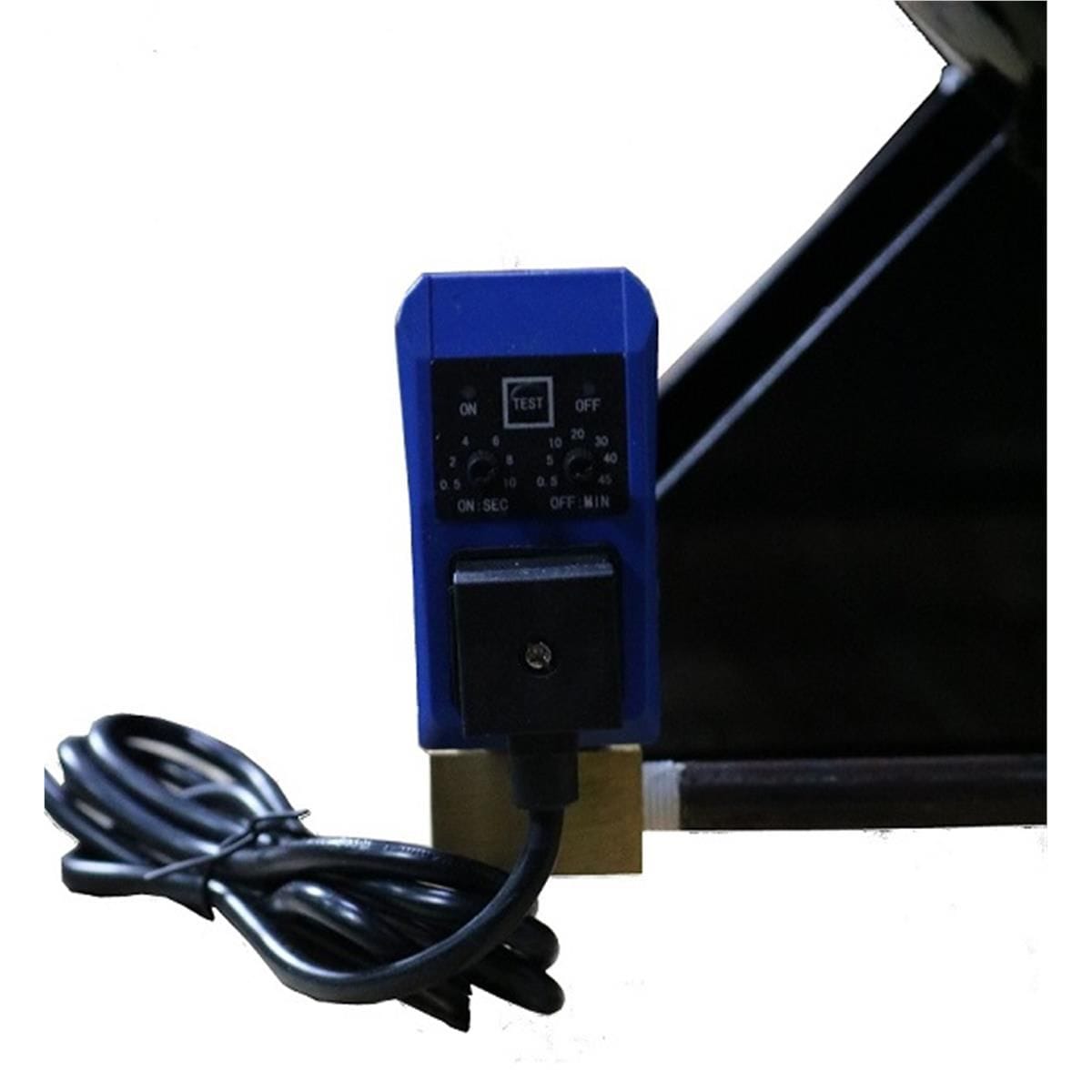 Blue electronic automatic tank drain timer with ON-seconds and OFF-minutes dials on the Atlas AF10-1PH