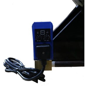 Blue electronic automatic tank drain timer with ON-seconds and OFF-minutes dials on the Atlas AF10-1PH
