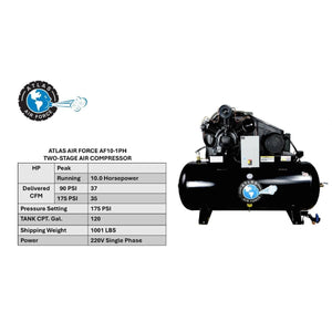 Atlas Air Force AF10-1PH spec card: 10 HP running, 37 CFM at 90 PSI, 35 CFM at 175 PSI, 175 PSI, 120-gallon tank, 220V single phase