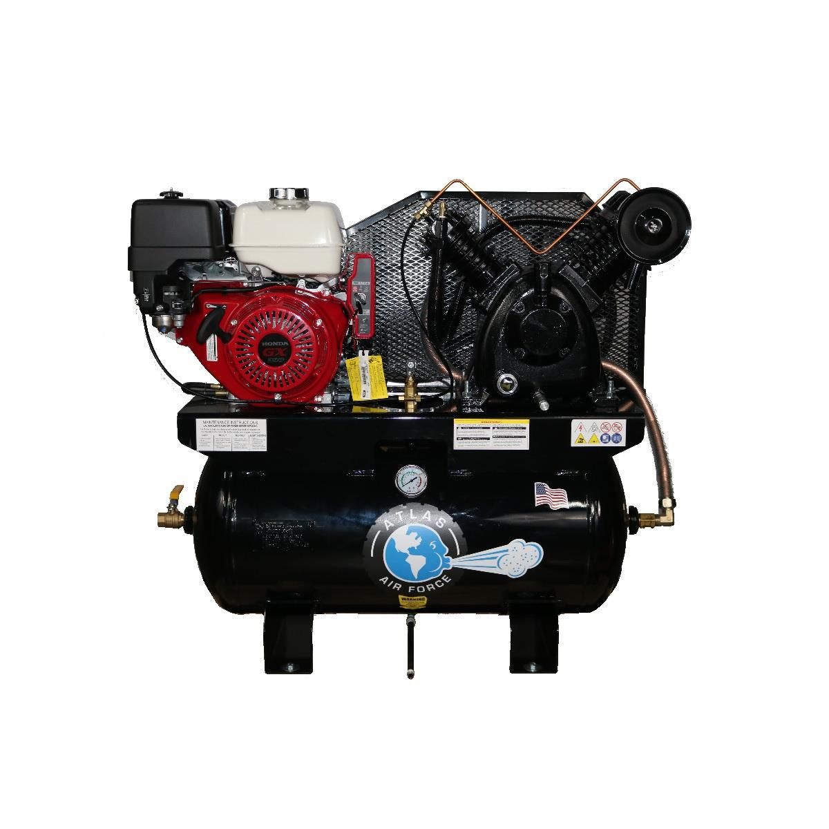 Atlas Air Force AF13 gas air compressor with Honda GX engine on horizontal tank
