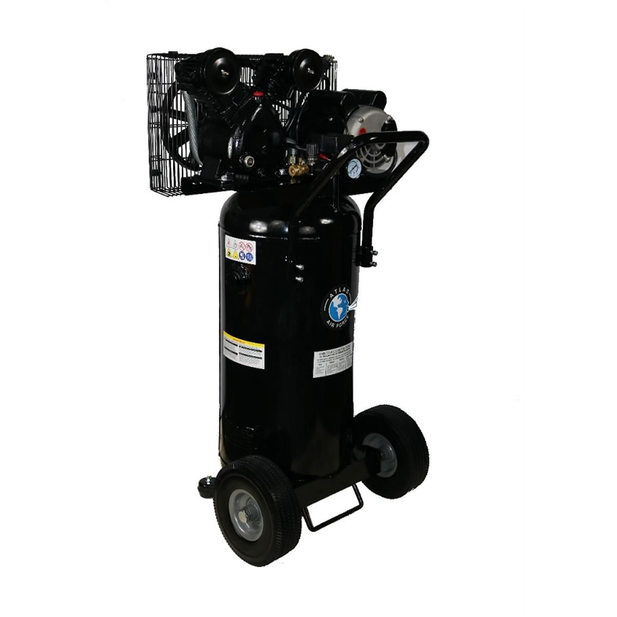Atlas Air Force AF2 portable air compressor with 20-gallon vertical tank, oversized wheels, and metal belt guard