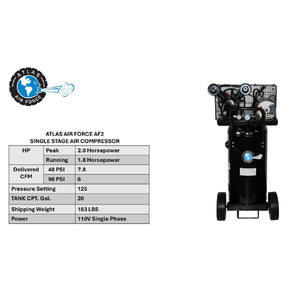 Atlas Air Force AF2 specifications chart with HP, CFM at 40 and 90 PSI, pressure setting, tank capacity, and 110V single-phase power