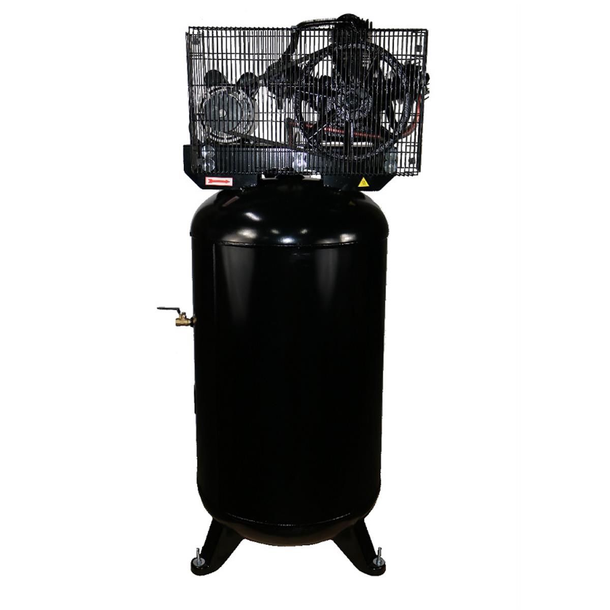 Atlas AF6 air compressor rear angle showing wire belt-guard cage, ball valve drain, and feet on black vertical tank