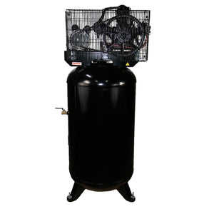 Atlas AF6 air compressor rear angle showing wire belt-guard cage, ball valve drain, and feet on black vertical tank