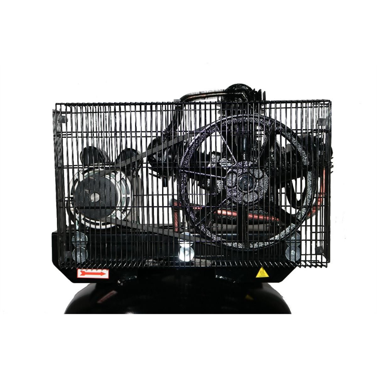 Atlas AF6 belt-guard cage close-up showing dual pulleys and drive belt visible through the wire mesh enclosure