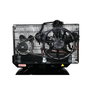 Atlas AF6 belt-guard cage close-up showing dual pulleys and drive belt visible through the wire mesh enclosure