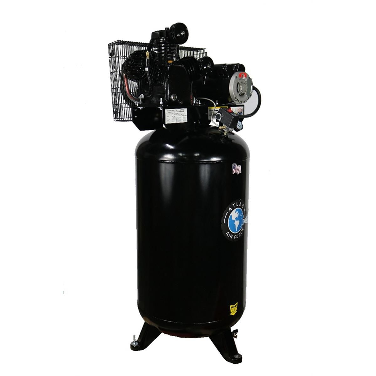 Atlas Air Force AF6 vertical 80-gallon air compressor with twin-cylinder pump, motor, and belt guard mounted on top of black tank