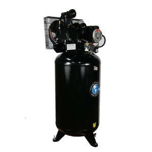 Atlas Air Force AF6 vertical 80-gallon air compressor with twin-cylinder pump, motor, and belt guard mounted on top of black tank