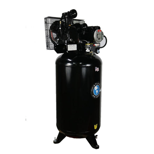Atlas Air Force AF6 vertical 80-gallon air compressor with twin-cylinder pump, motor, and belt guard mounted on top of black tank