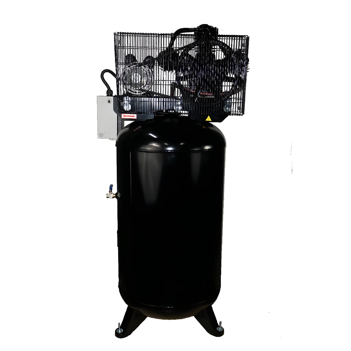 Atlas Air Force AF7 rear view: 80-gallon vertical tank, belt guard, magnetic starter, and ball-valve air outlet