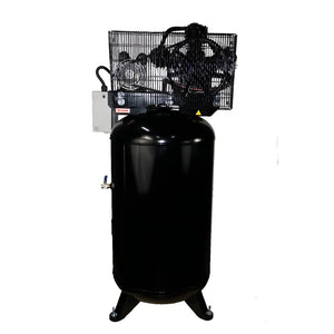 Atlas Air Force AF7 rear view: 80-gallon vertical tank, belt guard, magnetic starter, and ball-valve air outlet