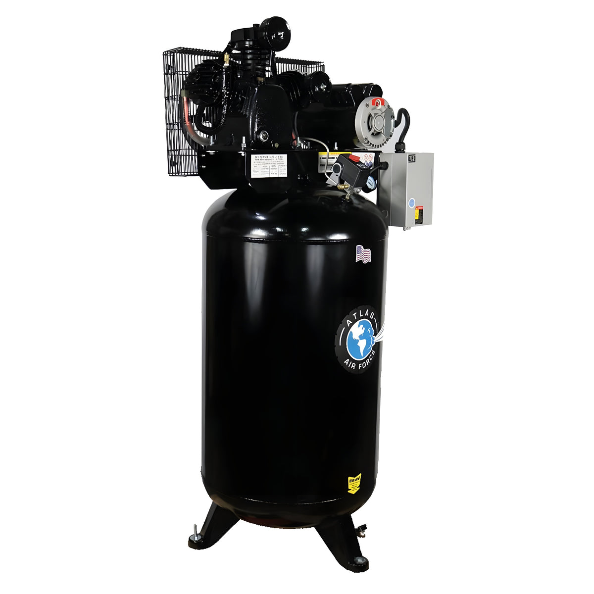 Atlas Air Force AF7 80-gallon vertical two-stage air compressor with magnetic starter, front view