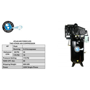 Atlas Air Force AF8 spec chart: 5 HP, 80-gallon tank, 175 PSI, 600 lbs, 220V single-phase