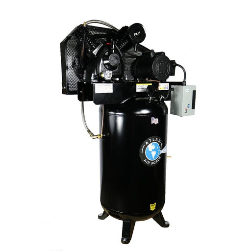 Atlas Air Force AF8P 80-gallon two-stage air compressor, vertical black tank with magnetic starter box, front three-quarter view