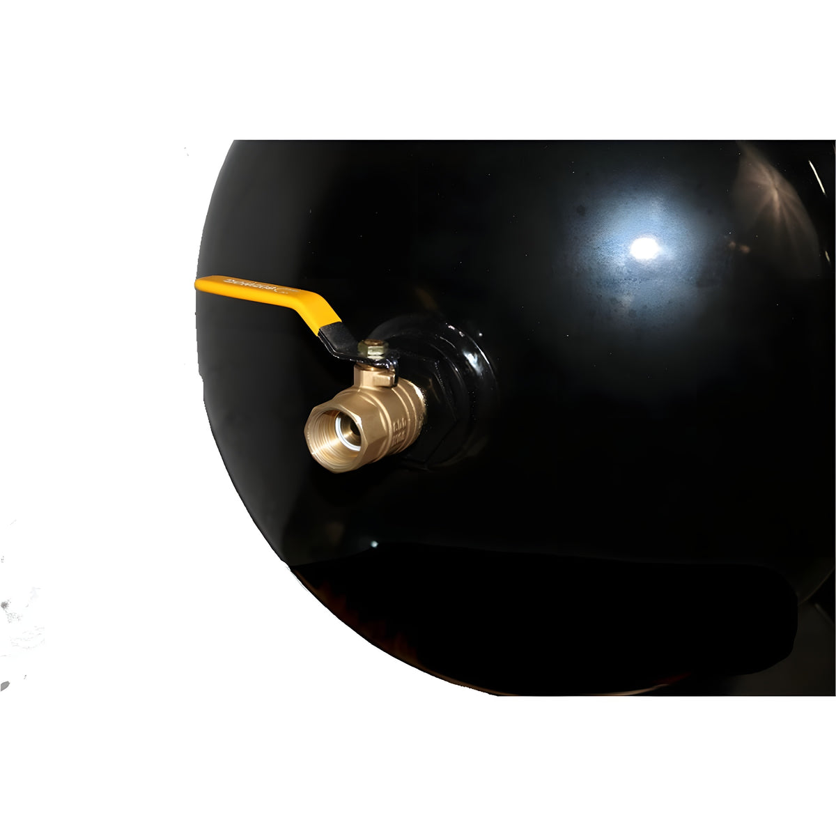 Brass ball valve with yellow handle threaded into the horizontal steel tank of the Atlas Air Force AF9G compressor