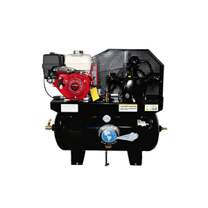 Atlas Air Force AF9G gas air compressor, front view: red Honda engine, mesh belt guard, horizontal black 30-gallon tank with Atlas Air Force logo