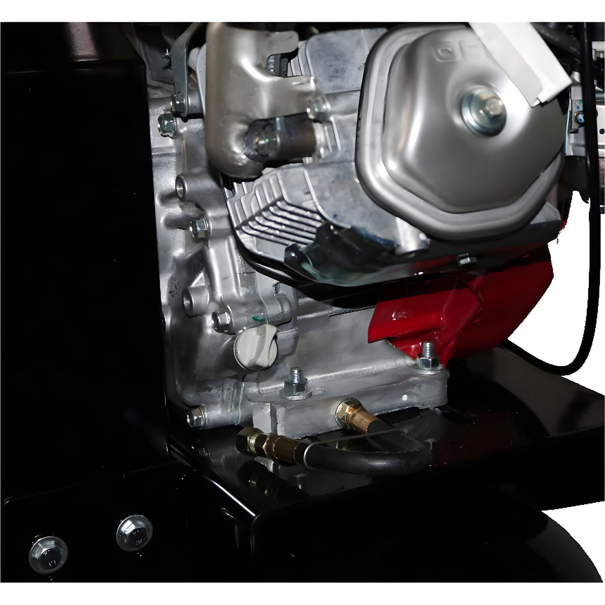 Close-up of the single-cylinder gas engine and mounting base on the Atlas Air Force AF9G compressor
