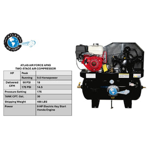 Atlas Air Force AF9G specification chart: 9 HP running, 18 CFM at 90 PSI, 14.5 CFM at 175 PSI, 175 PSI setting, 30-gallon tank